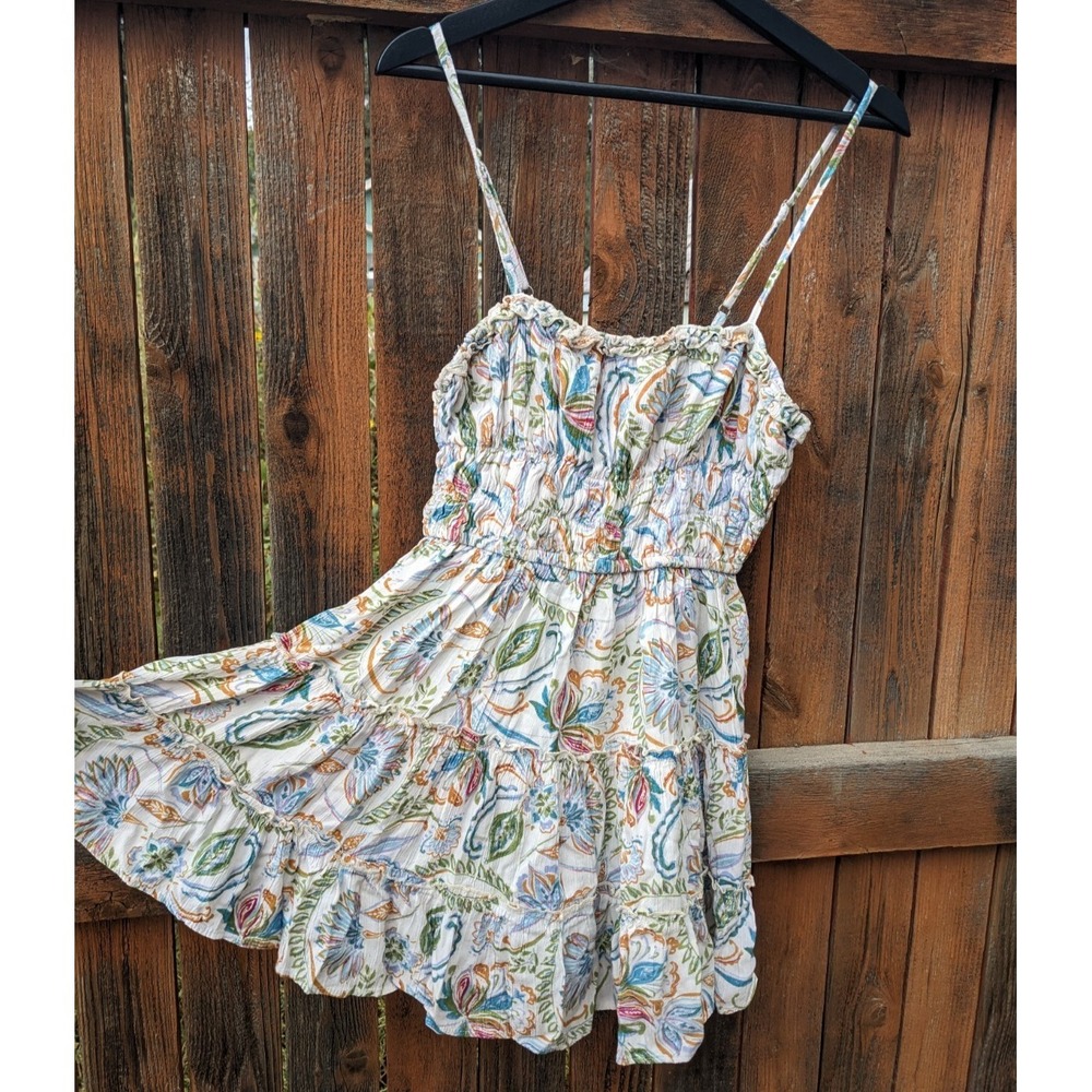 Angie Floral Babydoll Sun Dress M/L White Spaghetti Strap Boho Tiered Sundress - Picture 3 of 11